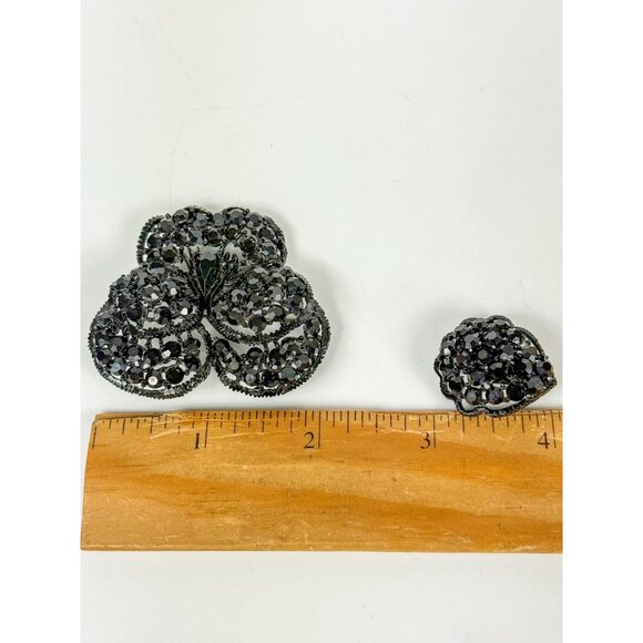 Weiss Black Pansy Rhinestone Brooch Clip-On Earrings Vintage Jewelry Set - Picture 7 of 7